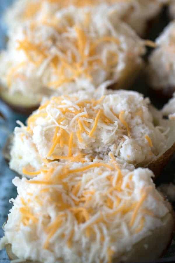 uncooked twice baked potatoes recipe. cheese baked potatoes. cheesy twice baked potatoes.