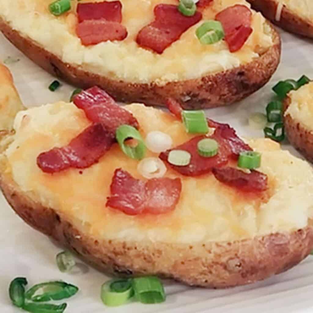 twice baked potatoes recipe in a baking dish, best easter potato recipe. Easter menu food ideas.