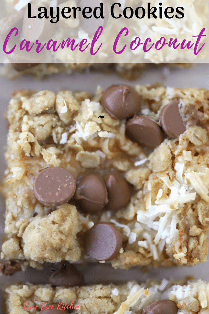  These Coconut Caramel Magic Bars are irresistible!  They are oatmeal cookie bars with a layer of coconut filling, caramel drizzle and another layer of oatmeal cookie topping. #cooiebar #cookiebars #recipe #recipes #thecarefreekitchen #caramel #coconut