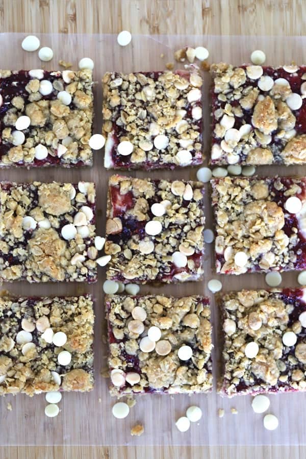Cookie Bars with White Chocolate and Raspberry bars cut into squares