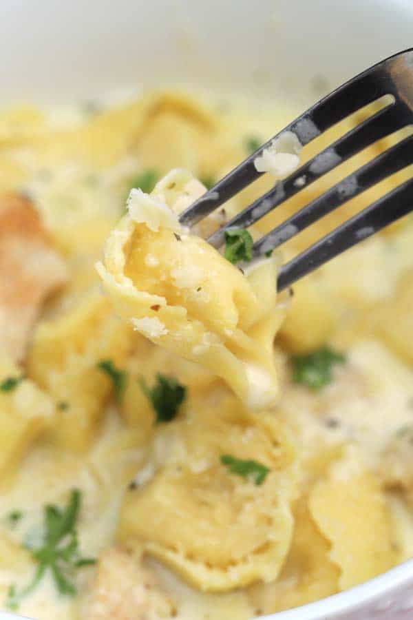 one bite of tortellini pasta
