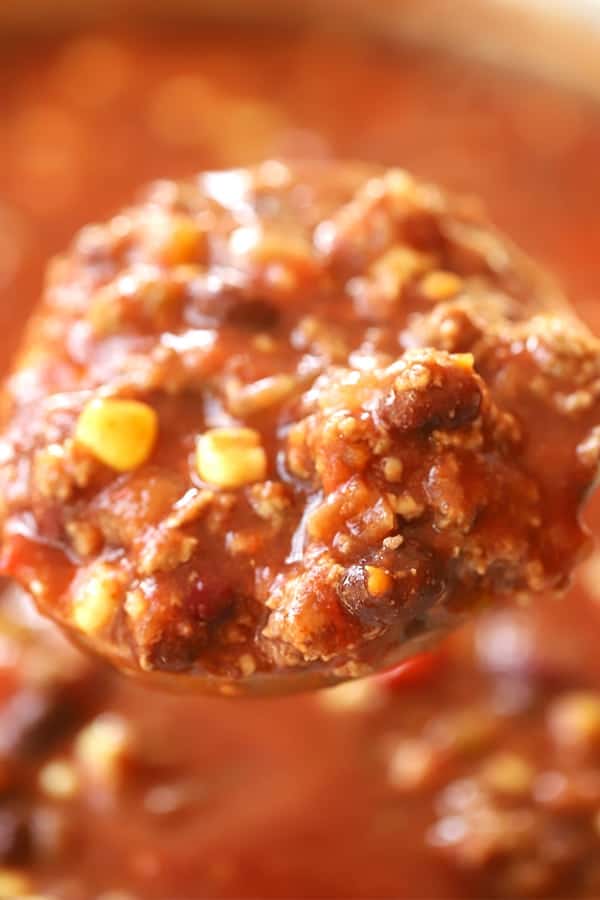 healthy taco soup, the best taco soup, filled with beans, ground beef, corn, and peppers.