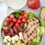 healthy grilled chicken BLT salad recipe with pesto ranch dressing