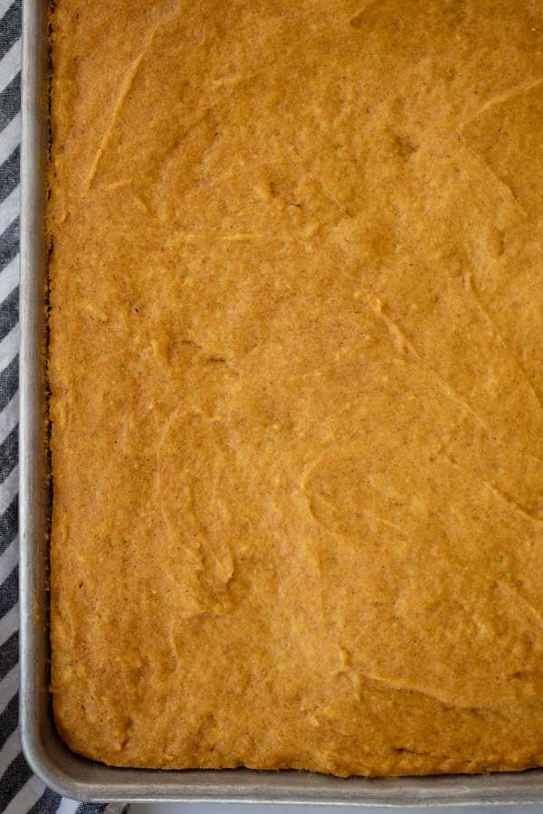 Baked pumpkin cake ready to frost and cut into bars.