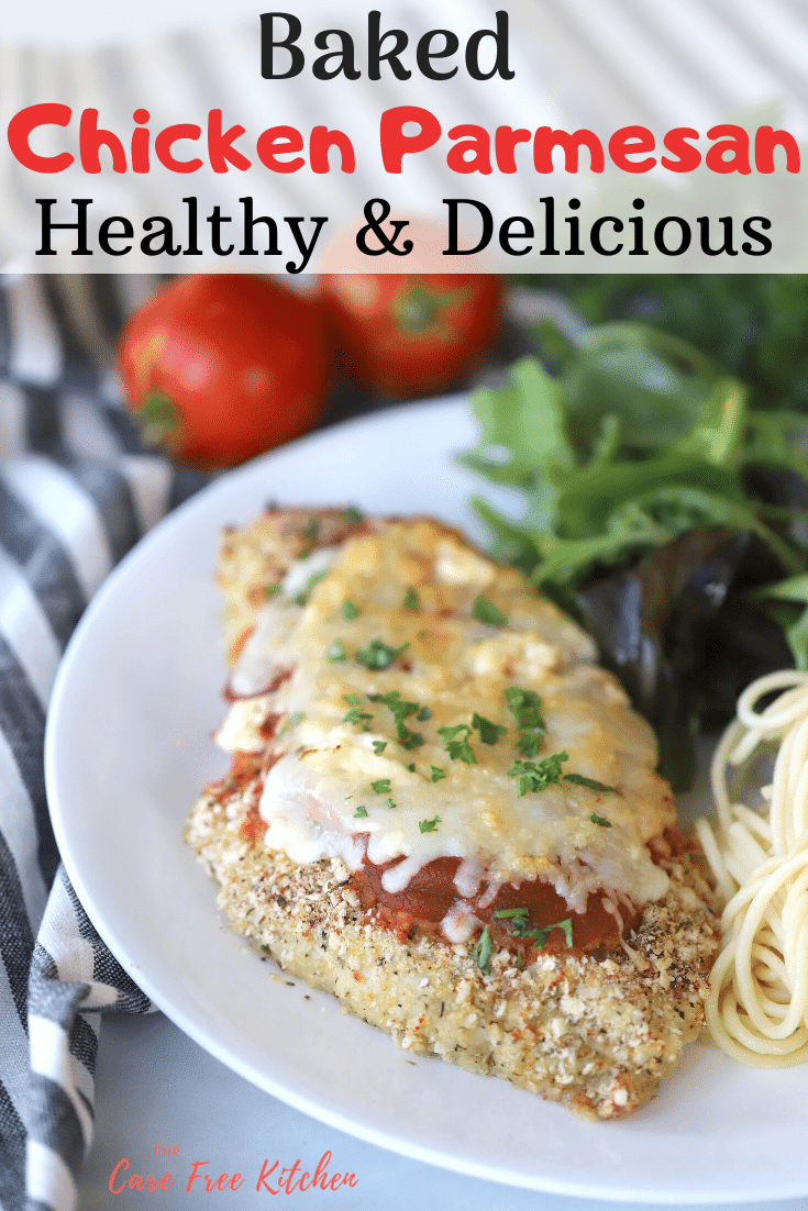 pinterest pin for oven baked chicken parmesan recipe
