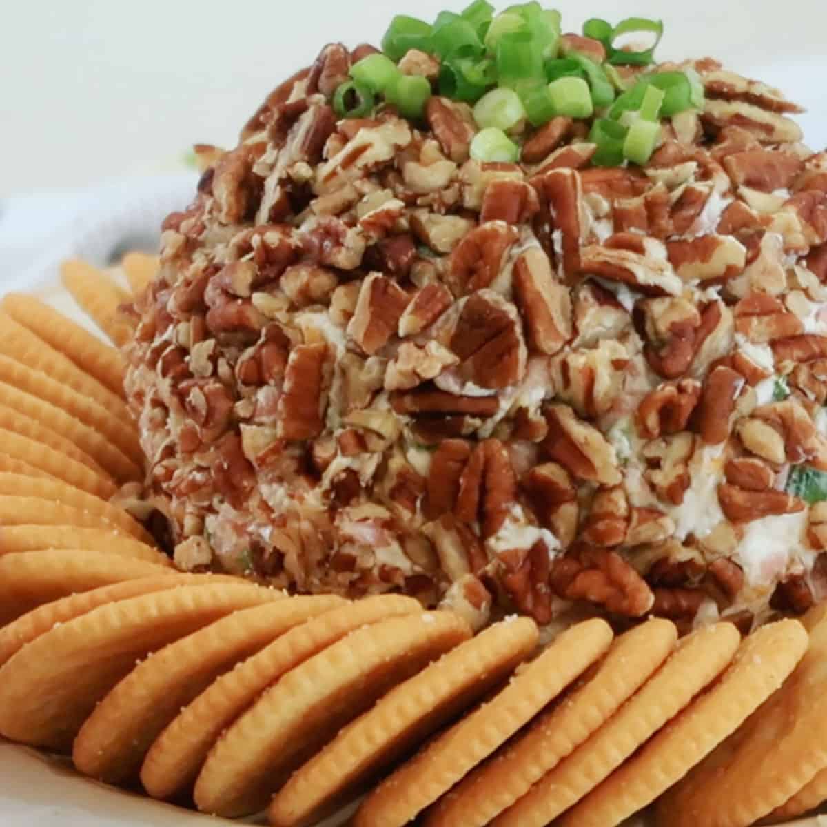 Ham and Cheddar Cheese Ball on a serving tray with Ritz Crackers. ham cheese ball, ham and cheese ball appetizer recipe.