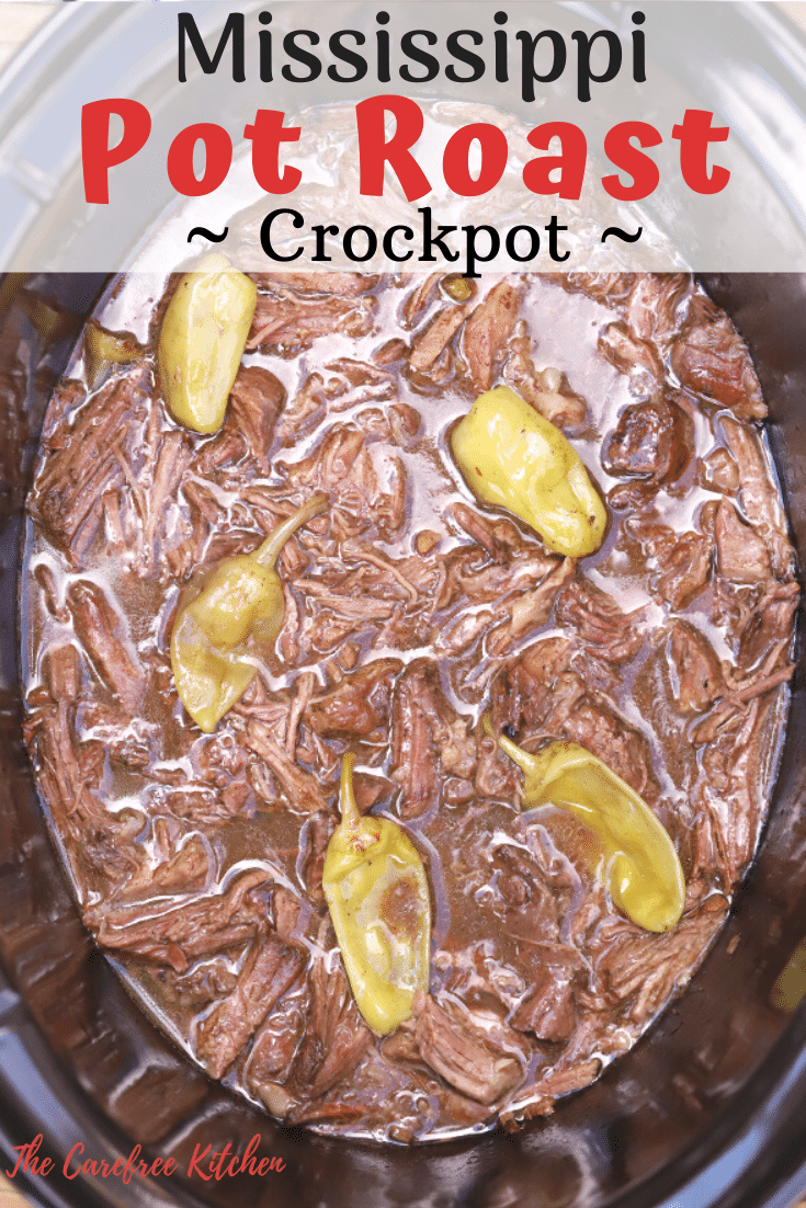 This Mississippi Pot Roast is made in the crockpot.  This roast recipe is loaded with flavor and comes out tender and juicy every time.  It's the perfect pot roast recipe to pile on a mini slider bun or atop mashed potatoes.  You are going to love this easy dump and go crockpot recipe. #roast #roastrecipe #best #easy #slowcooker #crockpot #thecarefreekitchen #mississippi #recipe #recipes