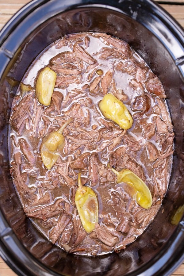shredded mississippi pot roast in slow cooker