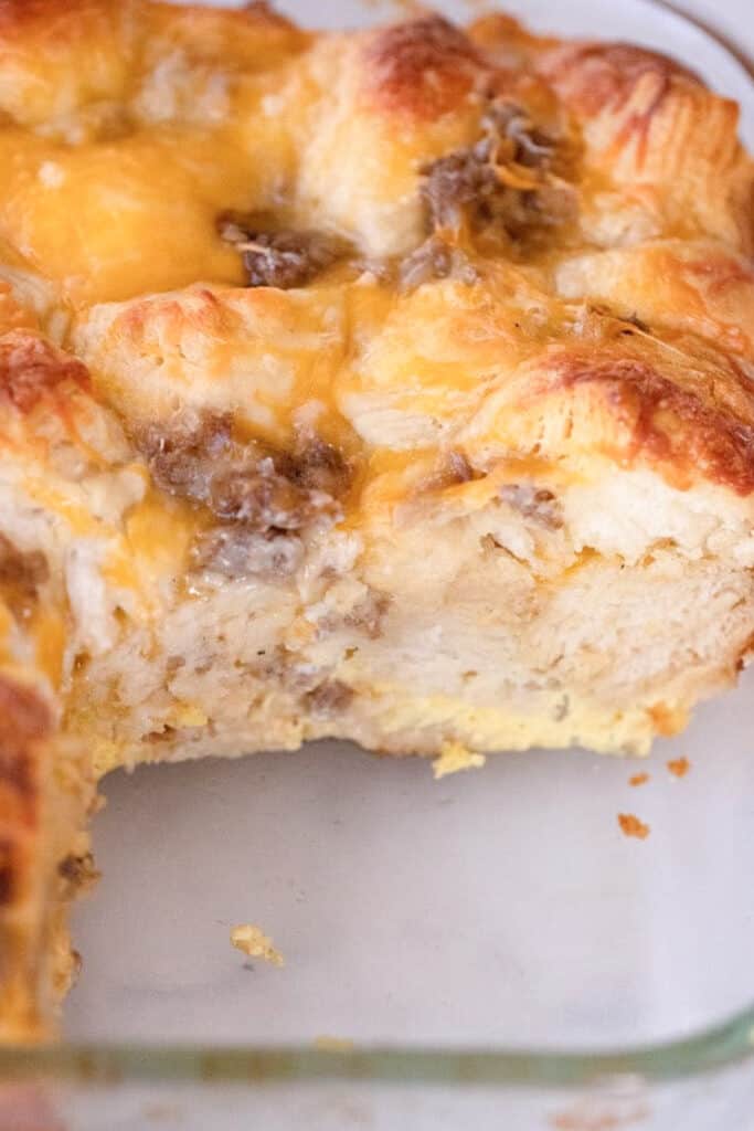 A slice of sausage biscuit casserole, an easy make ahead sausage biscuit egg bake.