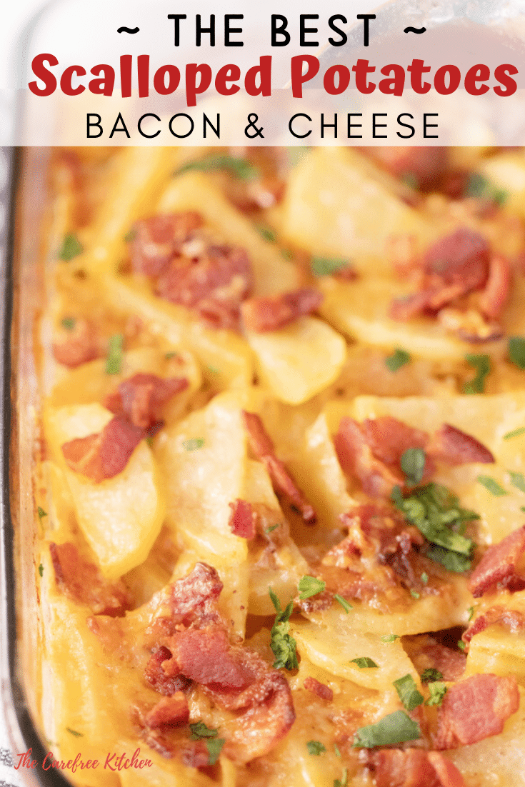 pinterest pin for bacon and cheese scalloped potatoes