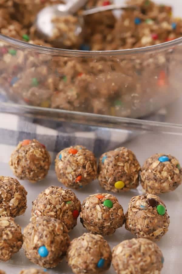 Chia power balls in a glass baking dish.