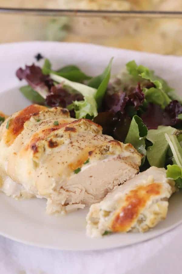 green chile hasselback chicken recipe on a plate, an easy baked chicken recipe