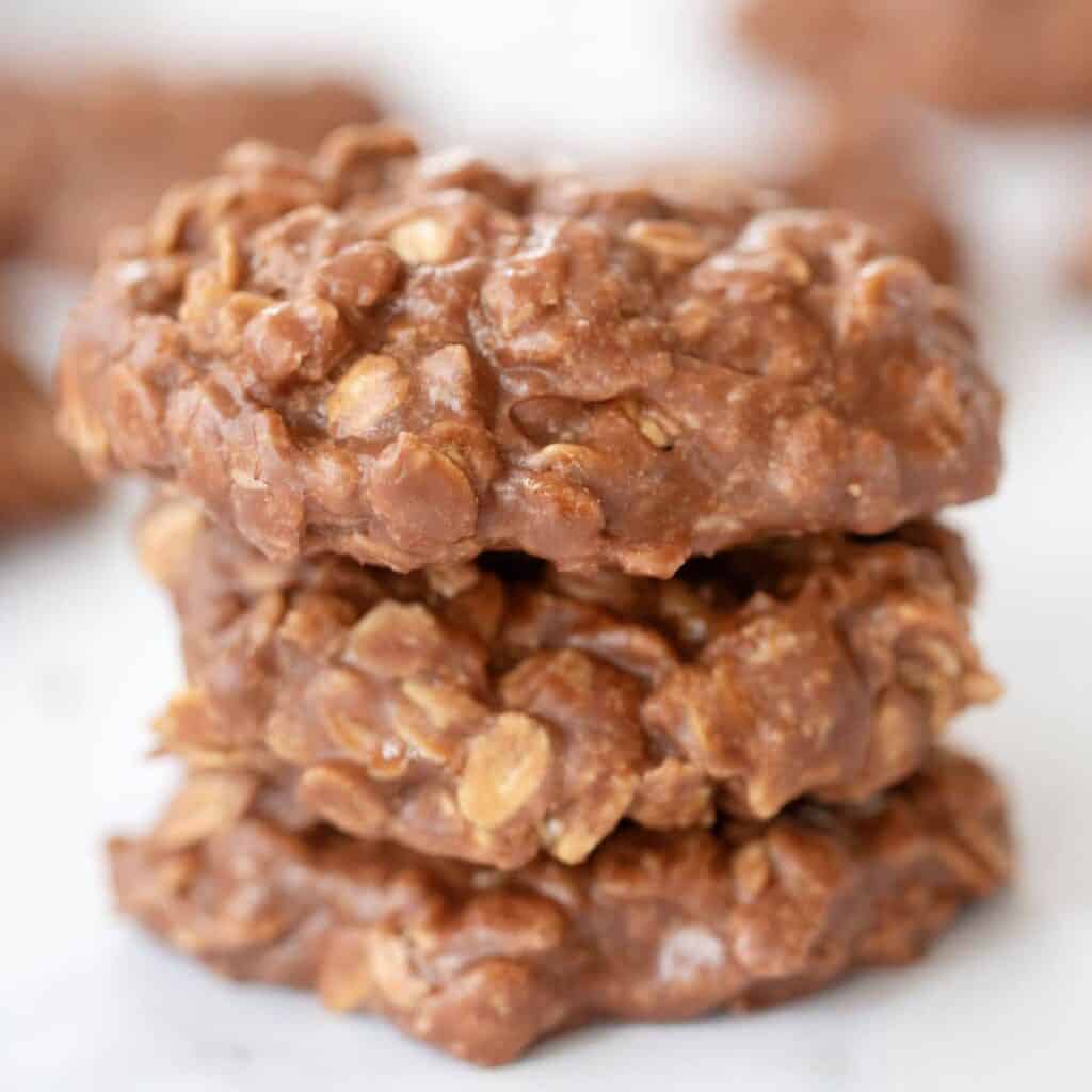 Nutella No-Bake cookies stacked on top of each other.