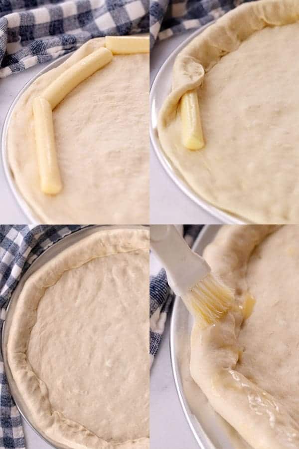 Process photos showing how to make homemade pizza stuffed crust, stuffed crust homemade pizza. pizza stuffed crust. 