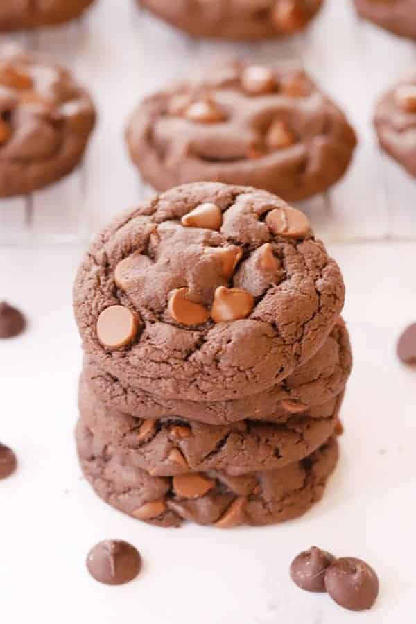 chocolate cookies stacked in a pile