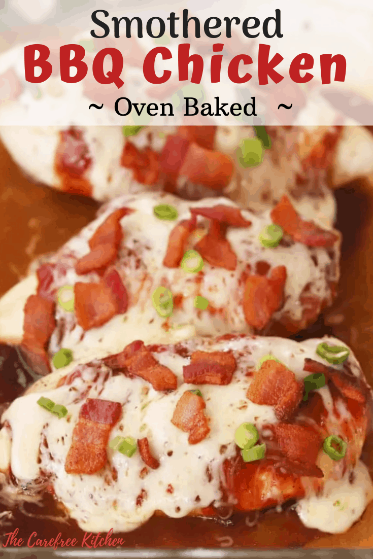 oven baked bbq chicken breasts smoothered with cheese in a glass baking dish. 