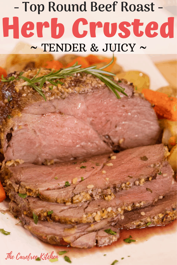 Pinterest Pin for Top Round Roast-Top round roast sliced thinly cooked medium