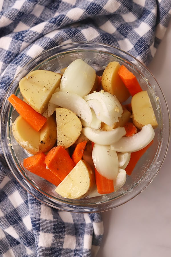 Root Vegetables seasoned with garlic and salt and pepper, to cook with a beef top round recipe.