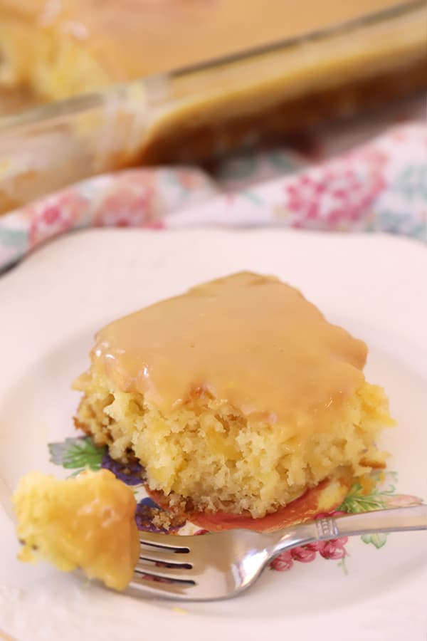 old school caramel cake recipe,  pineapple cake on a plate