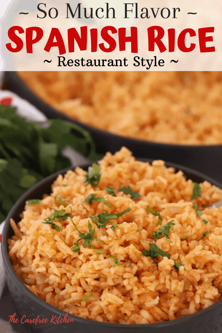 pinterest pin for Spanish rice recipe with salsa, served as an easy rice recipe