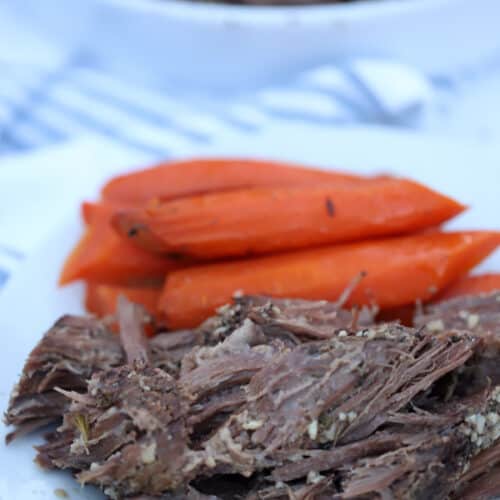 venison roast with cooked carrots on a plate