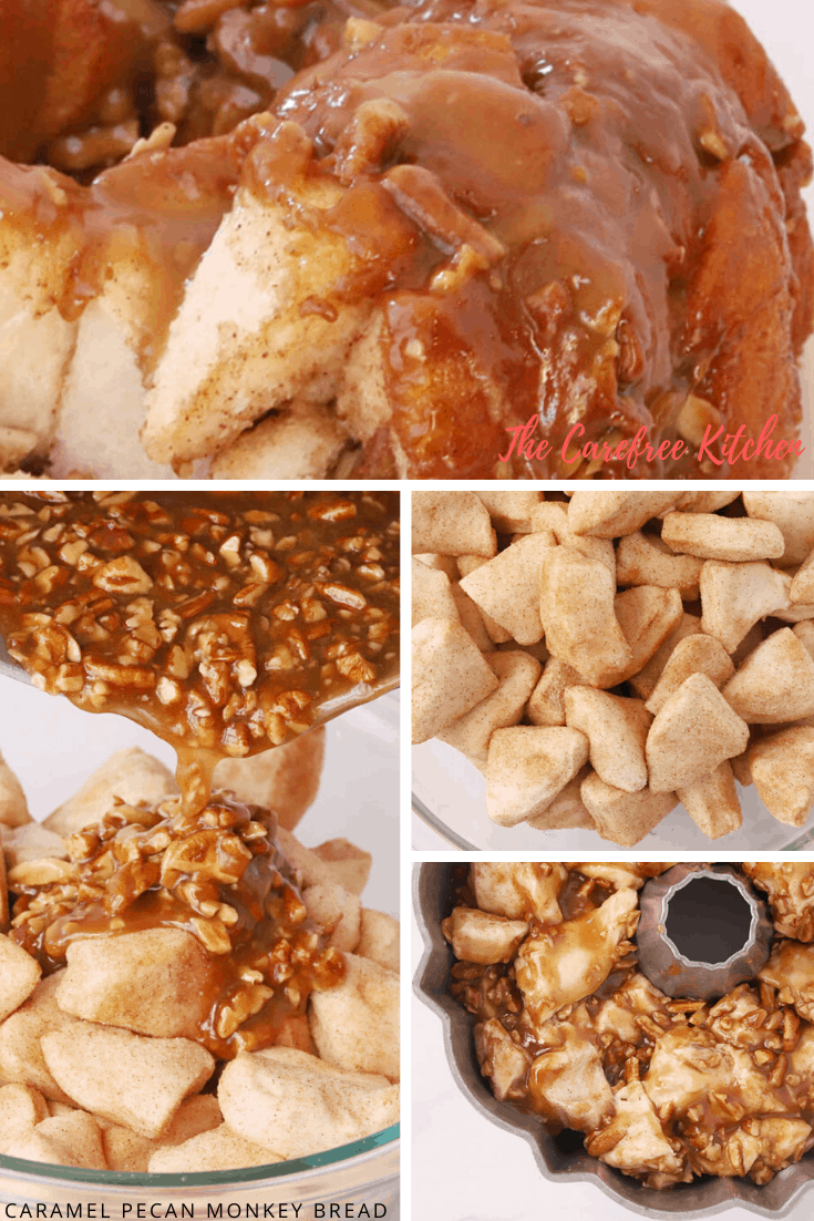 4 pictures showing the steps to making monkey bread.
