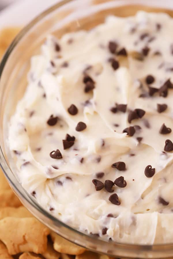 A large bowl full of no bake chocolate chip cheesecake dip. Cheesecake dip chocolate chip.