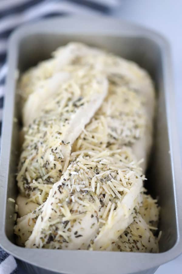 garlic herb bread, ready to rise and then bake; italian bread cheese.