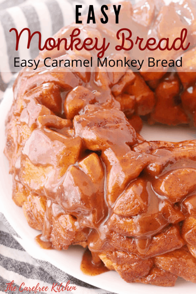 Pinterest pin for Caramel Pecan Monkey Bread that shows the ring of monkey bread glazed with caramel on a serving platter.