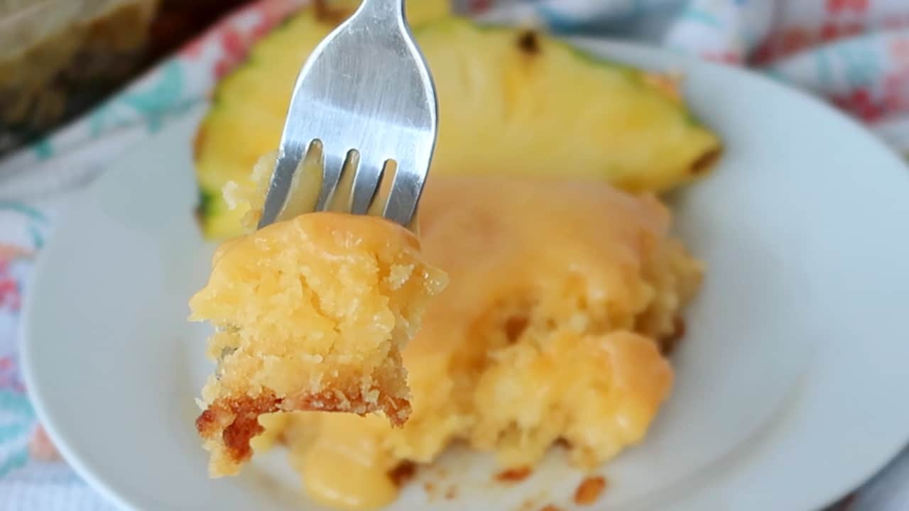 old fashioned pineapple cake on a fork