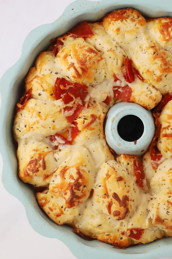 Monkey bread pizza in a bundt pan, the best recipe for pizza monkey bread.