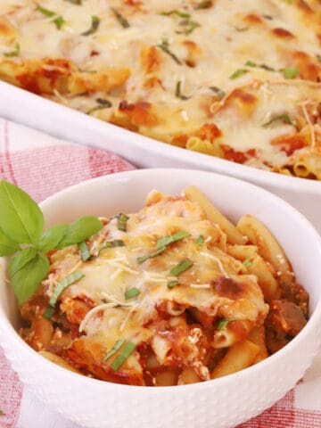 baked ziti recipe in a bowl, ready to eat