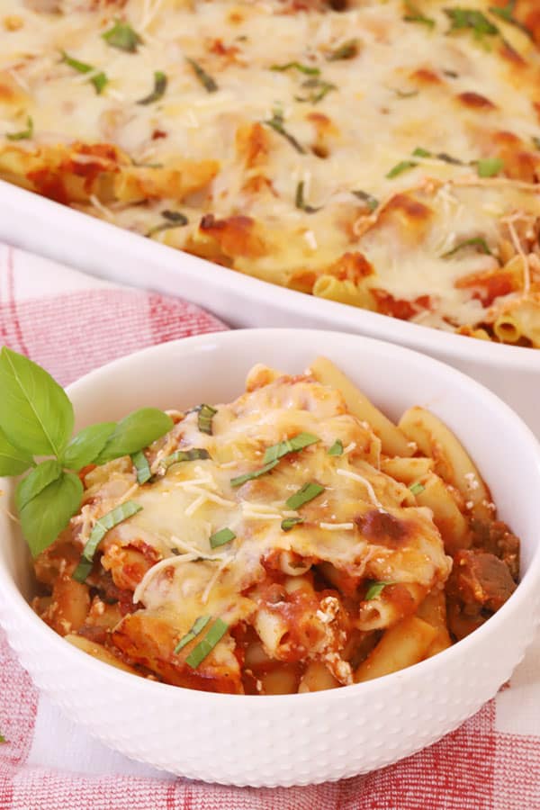 baked ziti recipe in a bowl, ready to eat