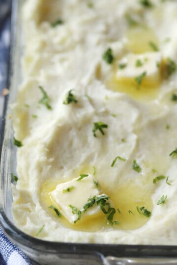 make ahead mashed potatoes in a glass baking dish.
