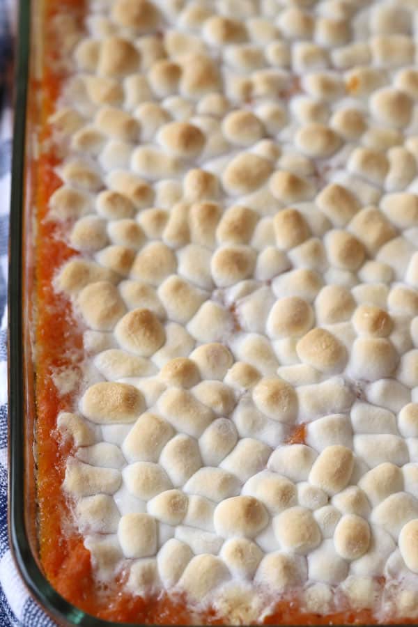Sweet Potato Casserole in a glass baking dish, covered with marshmallows.