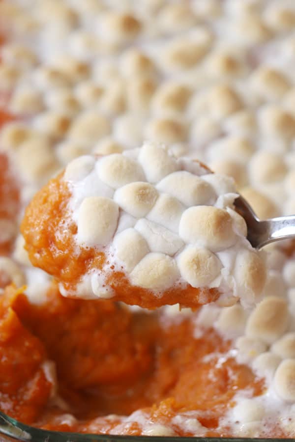 sweet potato casserole with marshmallows on top, a holiday side dish recipe
