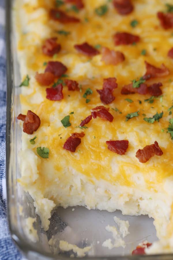 twice baked potato casserole recipe with bacon and plenty of cheese.