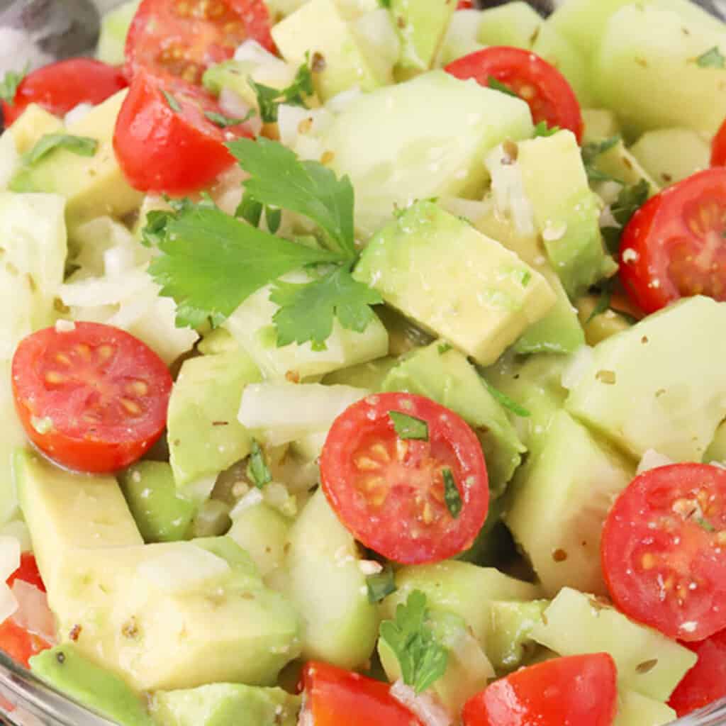 cucumber tomato salad with avocados salad recipe, memorial day menu