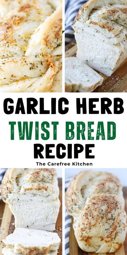 garlic twist herbed bread sliced on a cutting board.