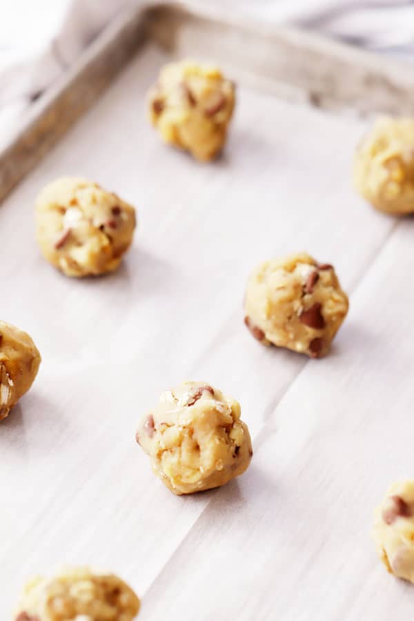doubletree chocolate chip cookie dough on parchment paper
