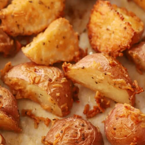 roasted red potatoes on a baking sheet
