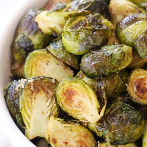 Roasted Brussels sprouts in a serving dish.