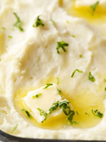 make ahead mashed potatoes in a glass baking dish. make ahead mashed potatoes recipe.