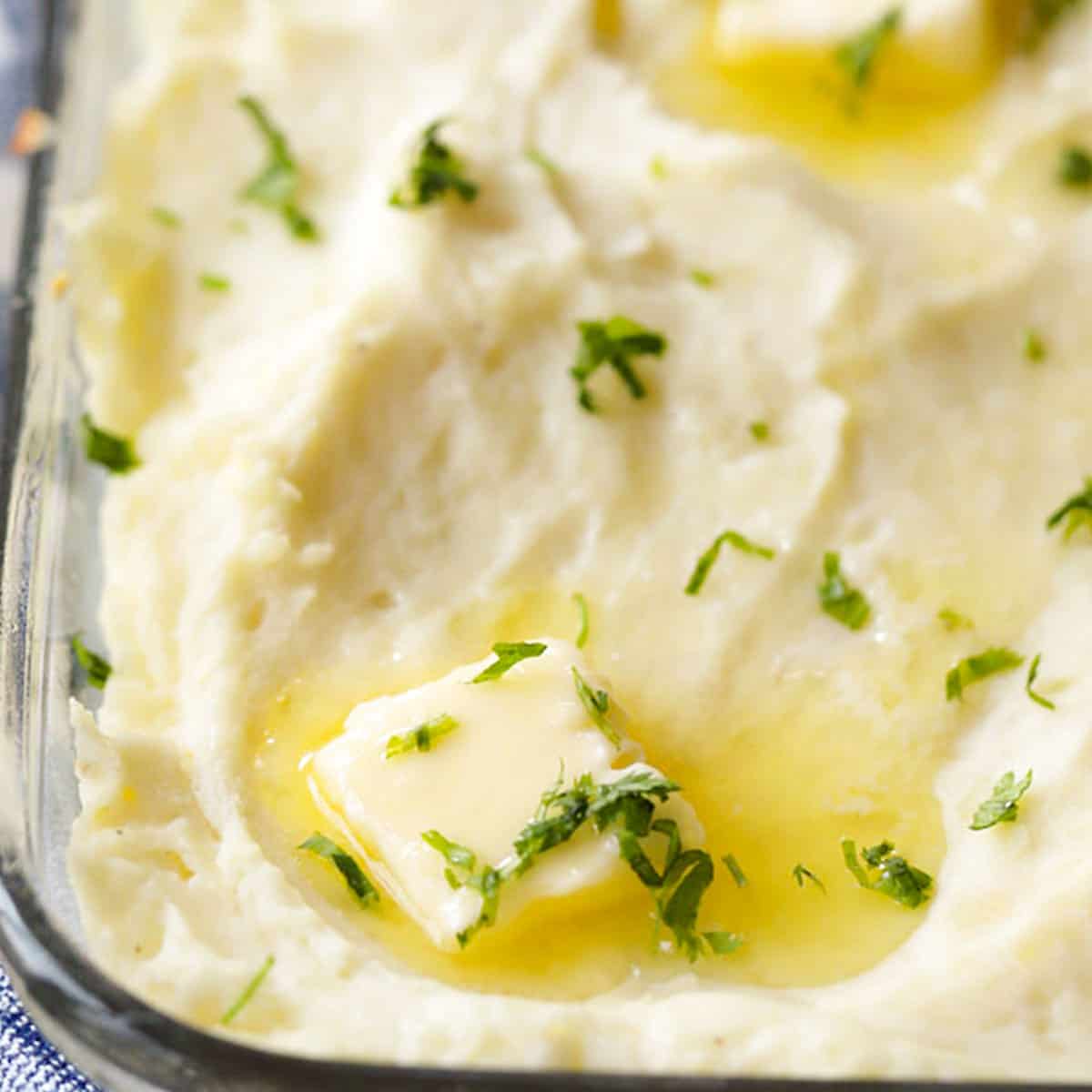 make ahead mashed potatoes in a glass baking dish. make ahead mashed potatoes recipe.