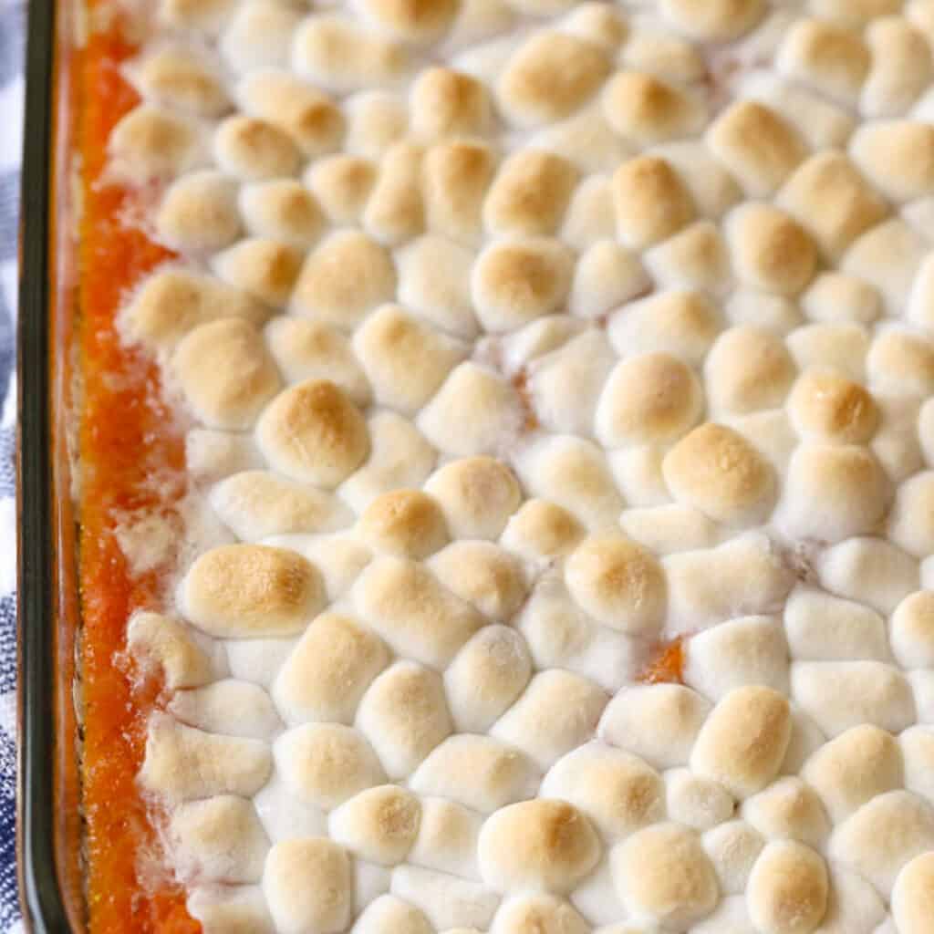 Sweet Potato Casserole in a glass baking dish, covered with marshmallows, mashed sweet potatoes with marshmallows. One of our favorite Southern Thanksgiving sides.