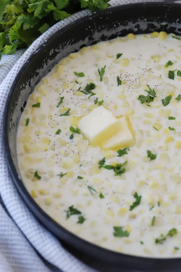 homemade creamed corn in a skillet