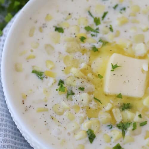 homemade cream of corn in a large white bowl