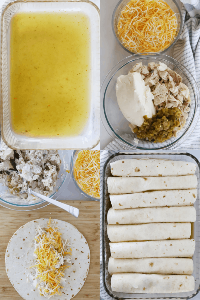 Process photos showing a baking dish with green enchilada sauce, a bowl full of ingredients to make the filling, a tortilla being filled and a full tray of rolled enchiladas, red enchiladas.