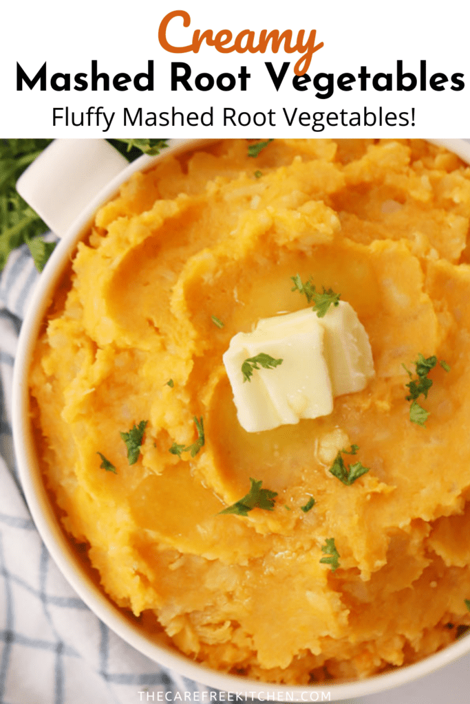 creamy mashed root vegetables in a bowl topped with butter and herbs.