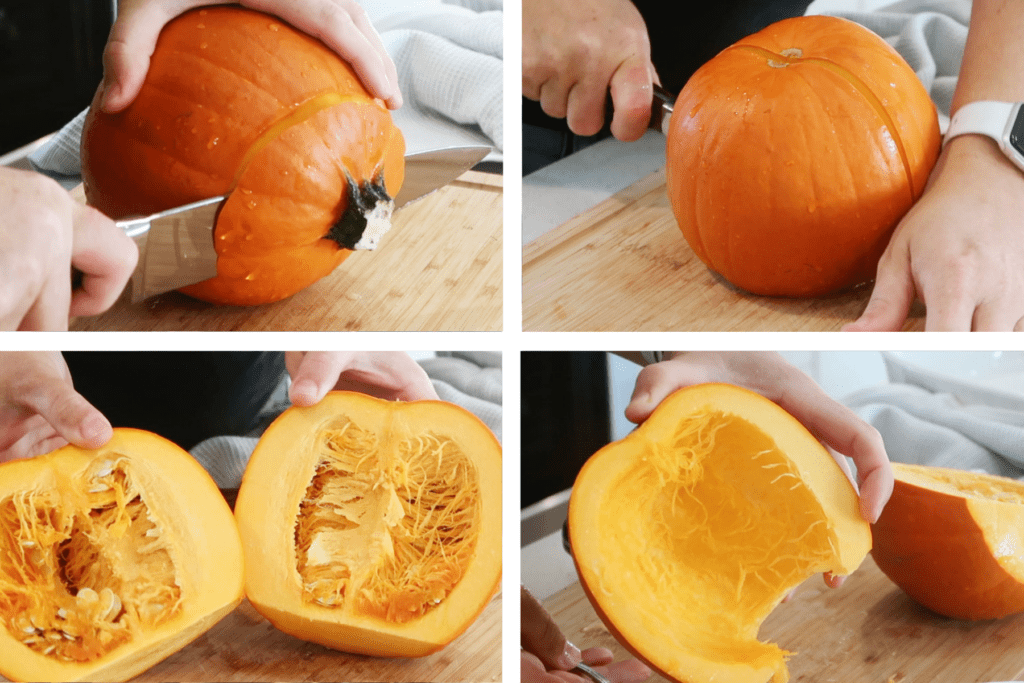 how to cut up pumpkin for homemade pumpkin puree recipe. 